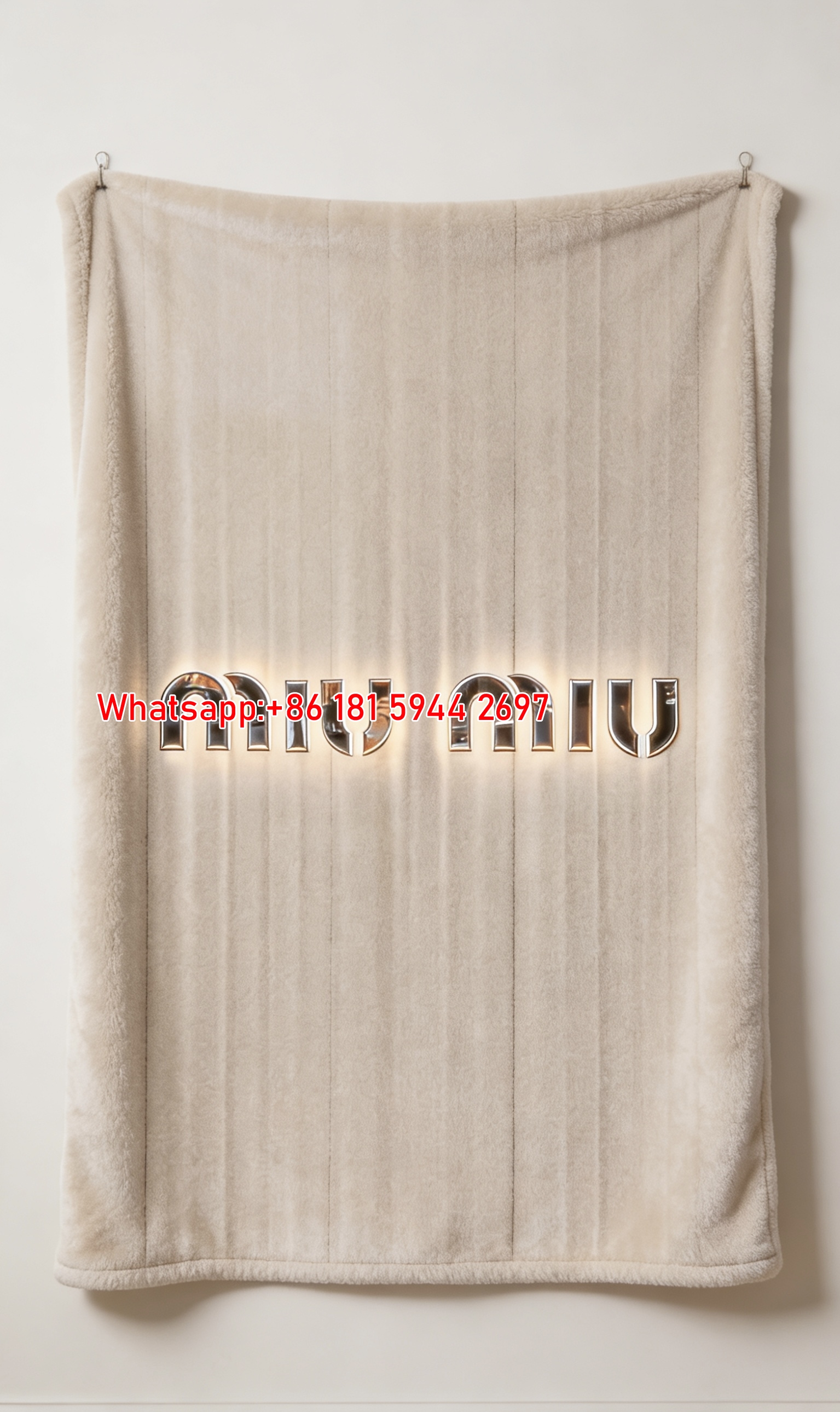 Miu Miu Logo Print Flannel Throw Blanket Warm Beige & Light Taupe Tone IMG_0449